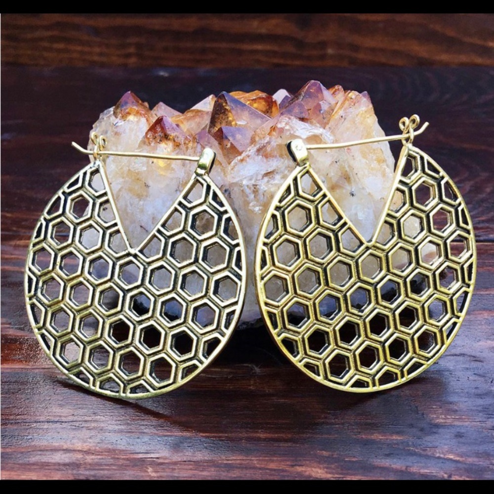Honeycomb Hoop Brass Earrings